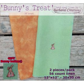   Hand dyed 56 count PROJECT PACK linen 'Bunny's Treat' + Bunny button GIFT