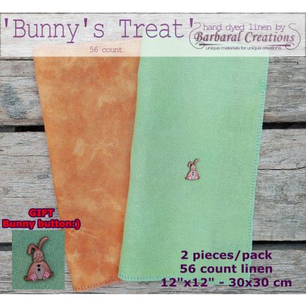 Hand dyed 56 count PROJECT PACK linen 'Bunny's Treat' + Bunny button GIFT