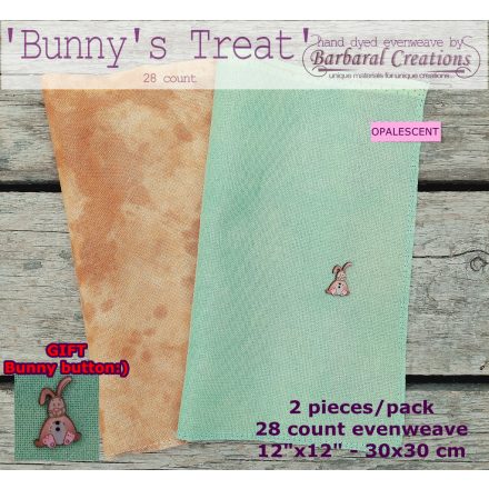 Hand dyed 28 count OPALESCENT evenweave PACK 'Bunny's Treat' + Bunny button GIFT