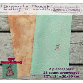   Hand dyed 28 count evenweave PACK 'Bunny's Treat' + Bunny button GIFT