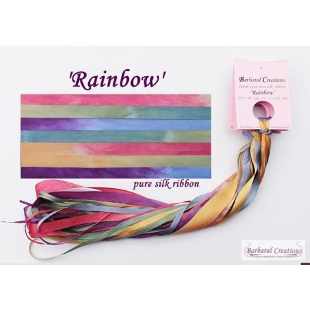 Hand dyed pure silk ribbon, 2 mm wide - Rainbow