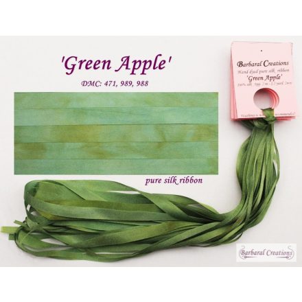 Hand dyed pure silk ribbon, 2 mm wide - Green Apple